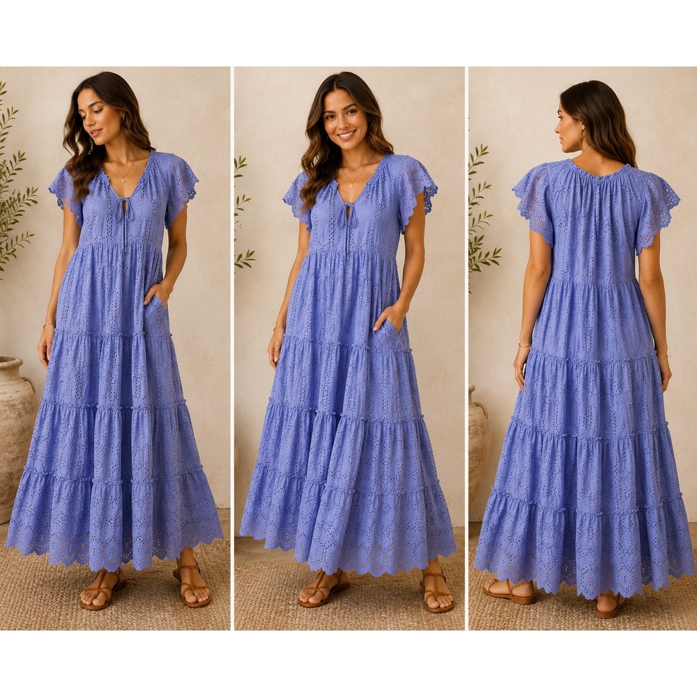 Cleobella Mallory‎ Ankle Dress Periwinkle Organic Cotton Eyelet Tiered Maxi XS